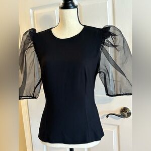 Zara Black Organza Puff Sleeve Fitted Blouse Sz S
